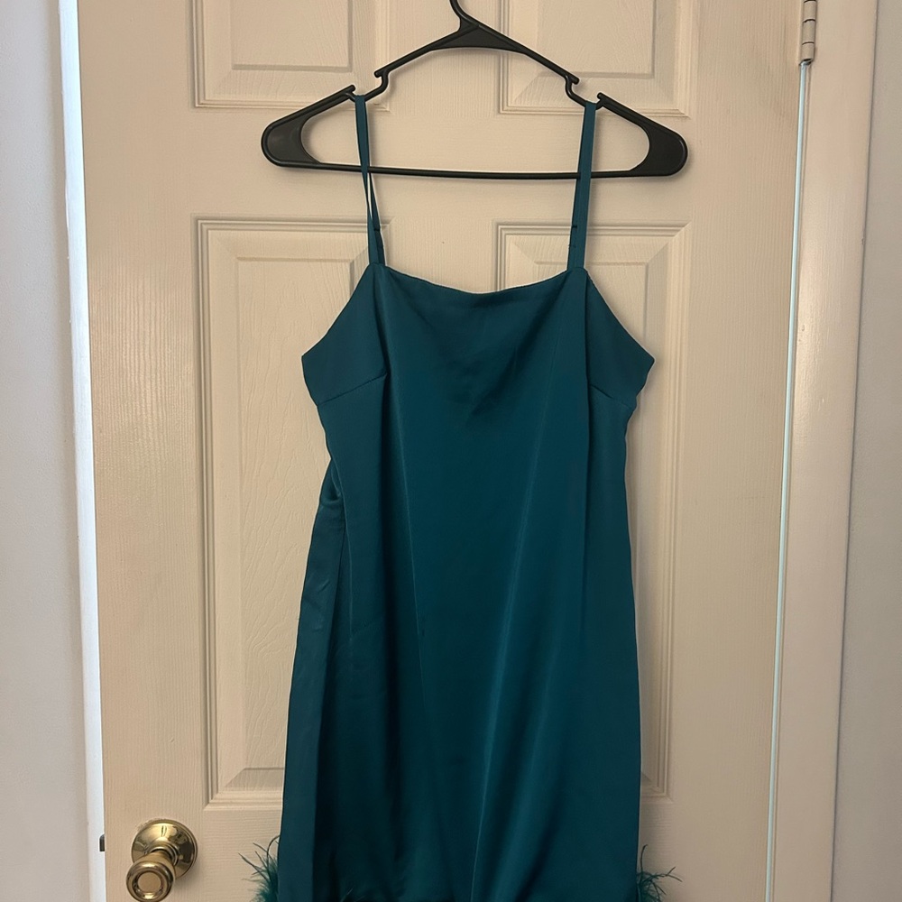 Teal mini dress with feather hem